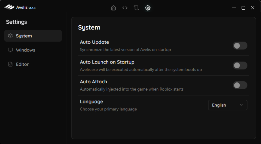 Avelis Settings interface